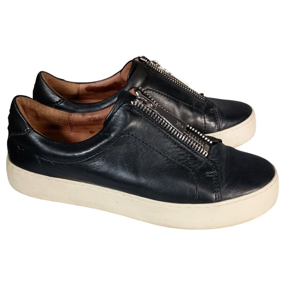 Frye Lena Sneakers Shoes Womens 8 M Black Leather Zipper Low Top